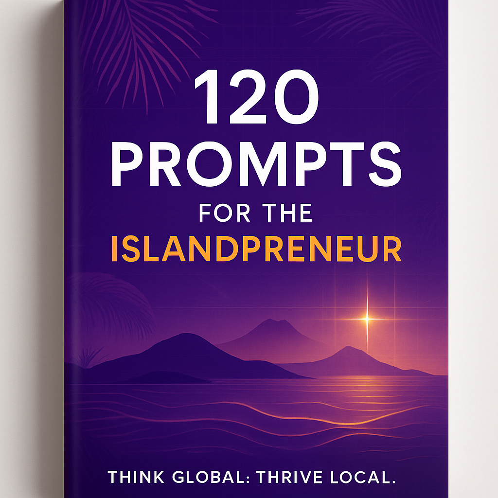 Create a modern premium book cover for a digital book titled 120 Prompts for the IslandpreneurThe design should feel global innovative and empowering