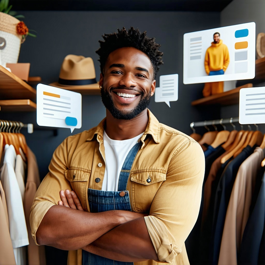 Create a visual of a black male shop owner selling clothes and smiling with ecommerce tools around him including feedback from customers make it realistic-1