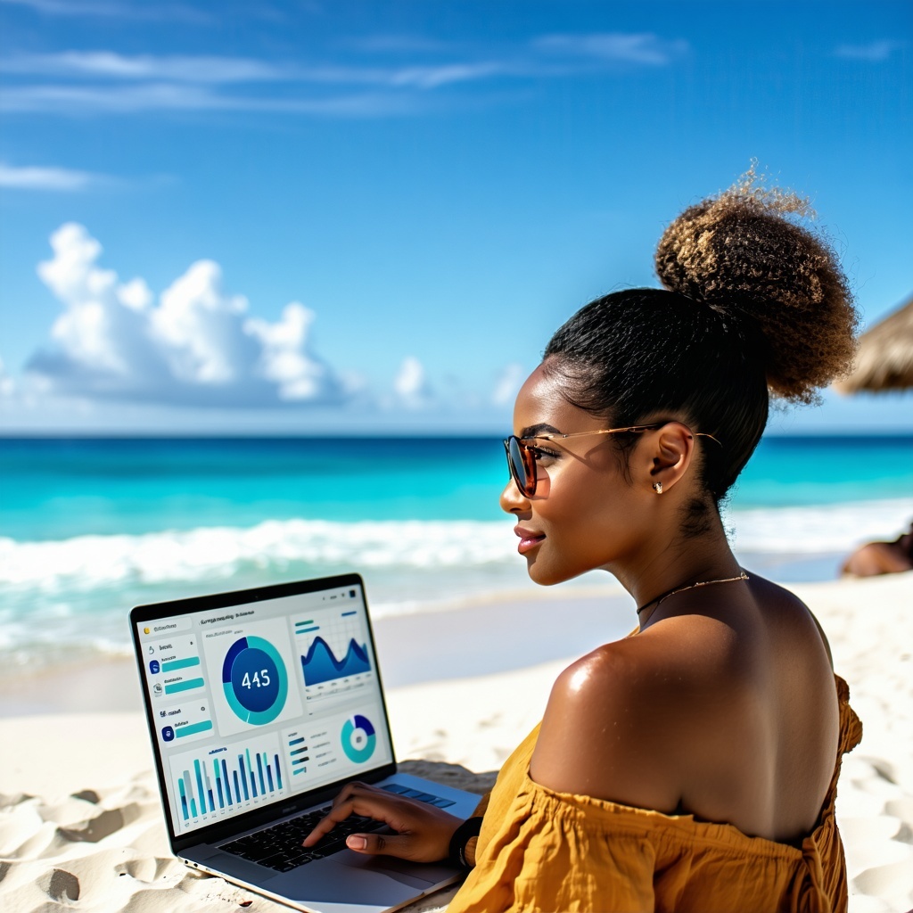 Create a visual of an black female  entrepreneur looking at a dashboard for AI tools on her laptop while at the beach Make it realistic-1