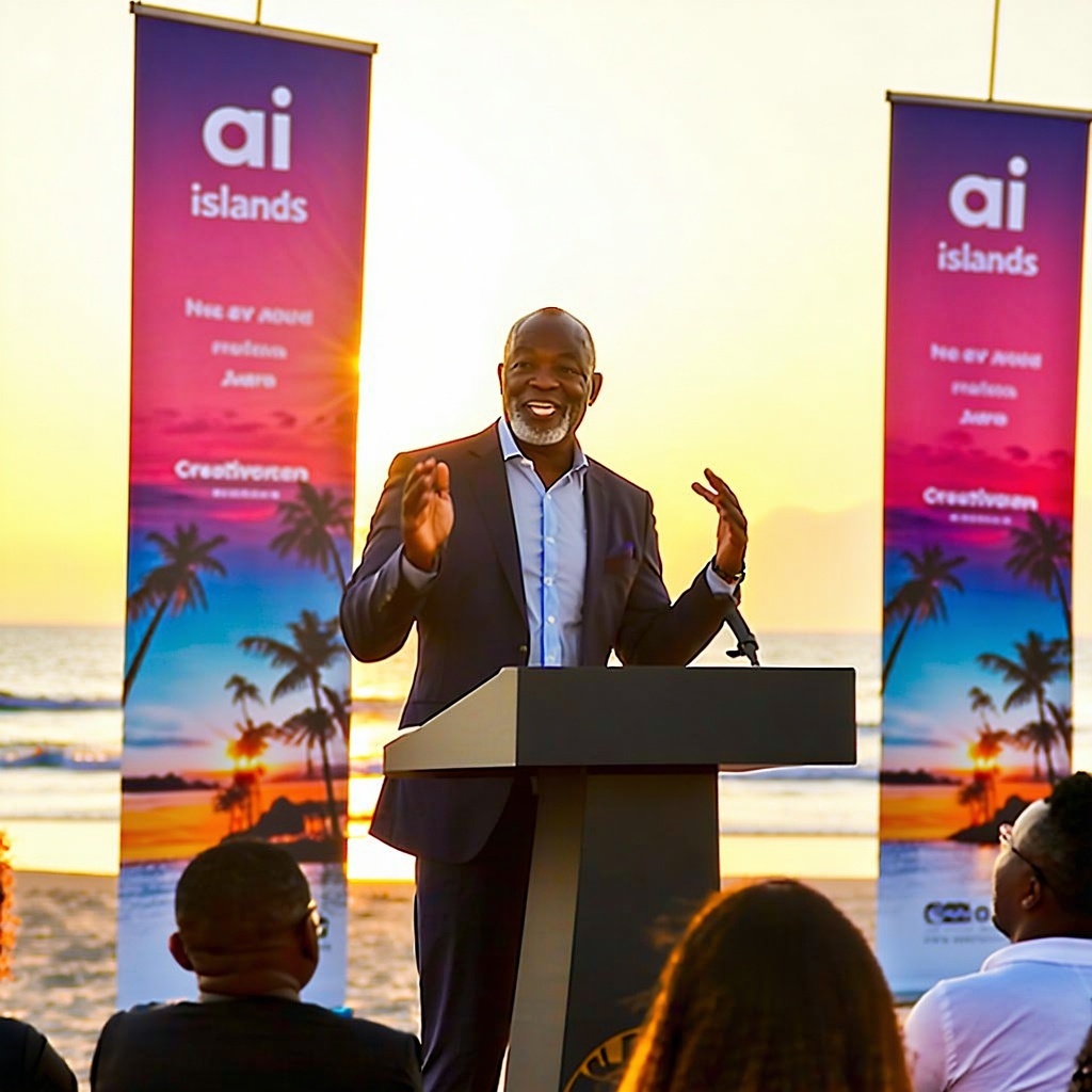 Imagine a confident older black professional standing at a sleek podium passionately addressing an engaged audience while the sun sets over a picturesque beach in the background casting a warm glow on the scene The speaker dressed in a tailored suit-1